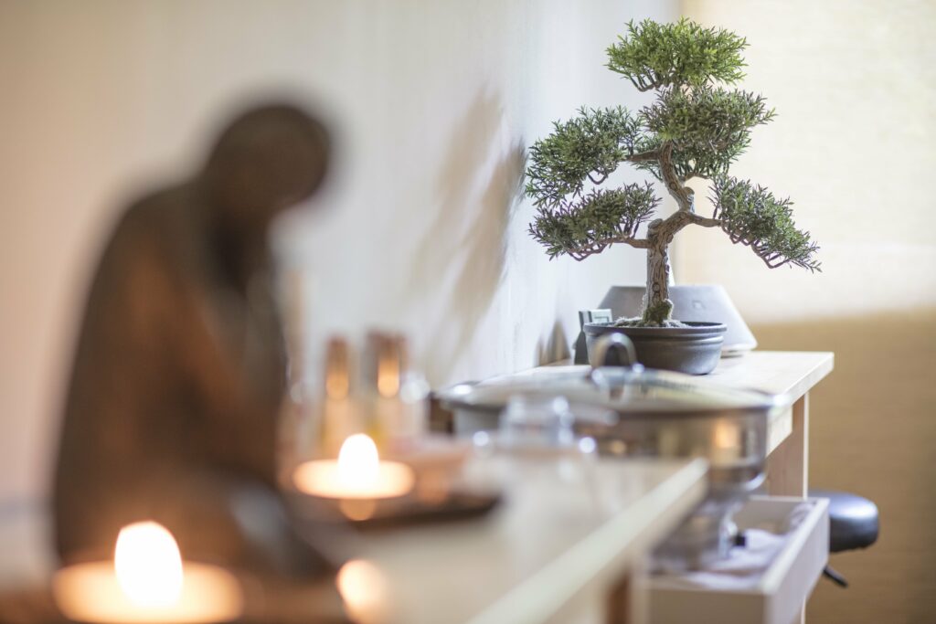 Eine ruhige Umgebung mit einer verschwommenen Skulptur, brennenden Kerzen und einem Bonsai-Baum auf einem Holzregal im Wellnessbereich des SCHWARZWALD PANORAMA. Die warme Beleuchtung schafft eine ruhige und beruhigende Atmosphäre.