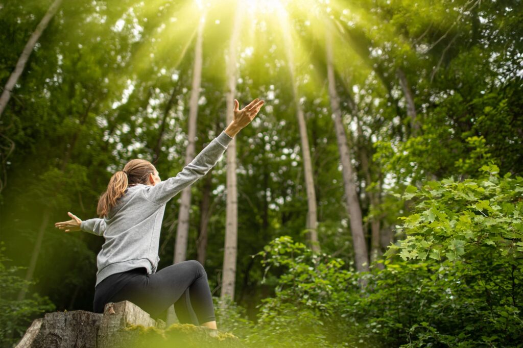 Eine Person sitzt auf einem Baumstumpf in einem üppigen Wald und streckt ihre Arme den Sonnenstrahlen entgegen, die durch die Bäume fallen. Die Szene ist ruhig und erhebend.