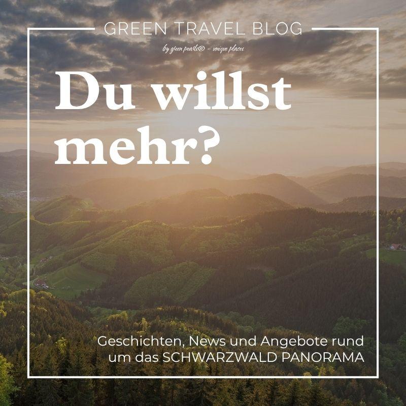 Ruhiger Blick auf üppig grüne Hügel im Schwarzwald bei Sonnenuntergang mit dramatischem Himmel. Der Text lautet: „Sie möchten mehr?“ und wirbt für einen Reiseblog von Schwarzwald Panorama.