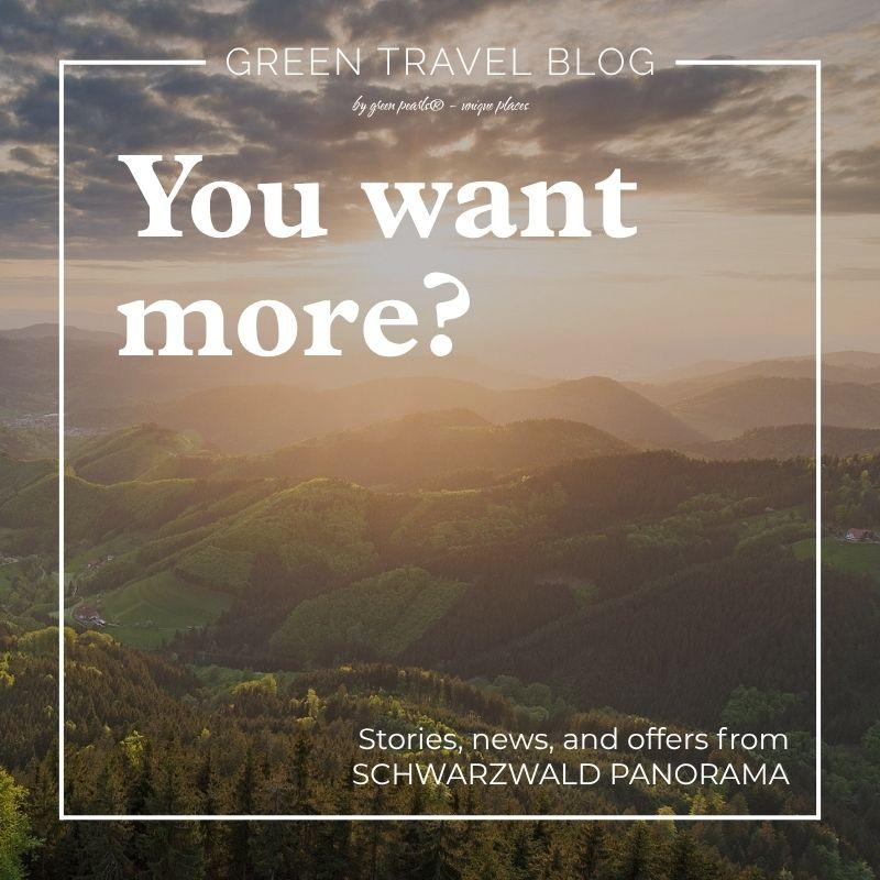 Peaceful view of lush green hills in the Black Forest at sunset with dramatic skies. The text reads: “Want more?” and advertises a travel blog by Schwarzwald Panorama.