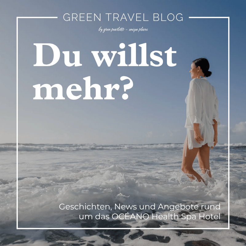 Eine Frau in einem weißen Kleid steht am Meeresufer, umgeben von Wellen, unter einem klaren Himmel. Der Text lautet: „Sie möchten mehr? Geschichten, Neuigkeiten und Angebote vom OCÉANO Health Spa Hotel.“