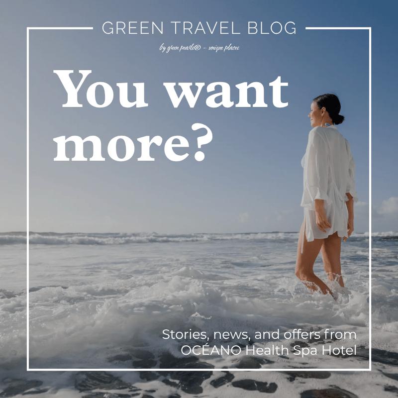 A woman in a white dress stands at the ocean's edge, waves around her, under a clear sky. Text reads, "You want more? Stories, news, and offers from OCÉANO Health Spa Hotel."