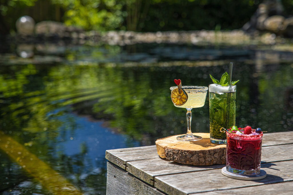 Vegane Drinks am Naturteich im nachhaltigen Hotel LA VIMEA in Südtirol