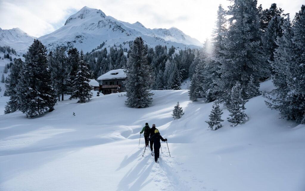 Drei Menschen laufen mit Schneeschuhen durch einen verschneiten Wald in Österreich auf eine Hütte zu, umgeben von den hohen, schneebedeckten Alpen unter einem strahlend blauen, kalten Himmel.