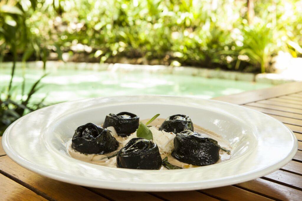 Ein Teller mit schwarzen Ravioli mit cremiger Sauce und Kräutern auf einem Holztisch. Im verschwommenen Hintergrund sind üppiges Grün und ein Pool zu sehen, was auf eine ruhige Umgebung hindeutet.