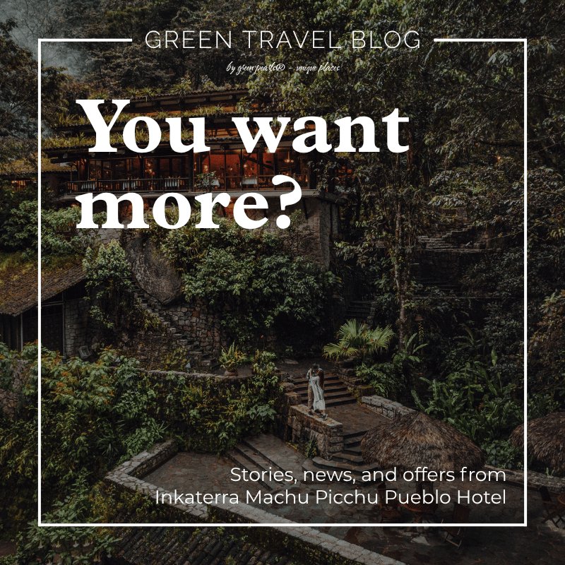 Dense jungle surrounds a rustic hillside hotel with wooden terraces. A couple stands on stone steps. Text overlays promote a travel blog at Inkaterra.