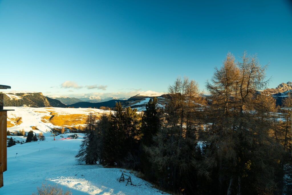 Verschneite Landschaft mit kahlen Bäumen und strahlend blauem Himmel, die den Blick auf ein sonnenbeschienenes Tal der Dolomiten freigibt. In der Ferne ragen Berge empor und schaffen eine ruhige Winterkulisse.