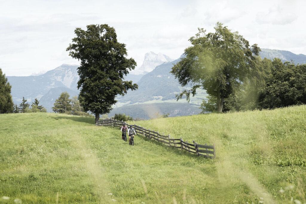 Aktivprogramm in der nachhaltigen ADLER Lodge RITTEN in Südtirol: Mountainbiking vor dem Bergpanorama.