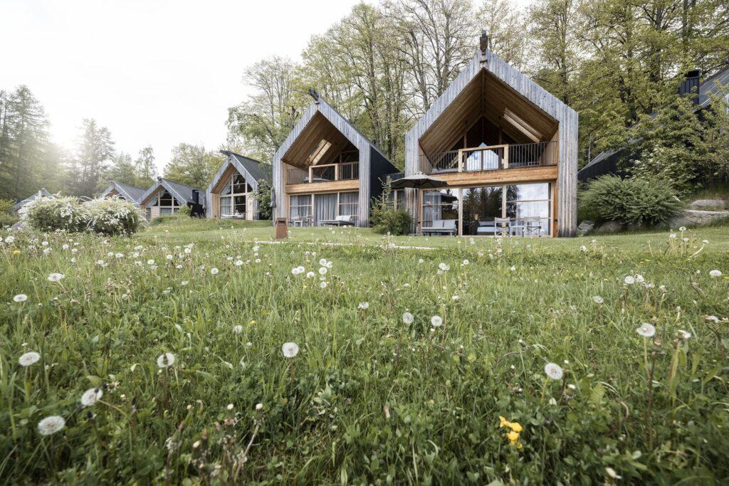 Moderne Holzchalets mit dreieckigen Dächern stehen auf saftigem, mit Löwenzahn übersätem Rasen in der nachhaltigen und luxuriösen ADLER Lodge RITTEN in Südtirol. Bäume umgeben die ruhige ländliche Landschaft unter sanfter Sonnenstrahlung.