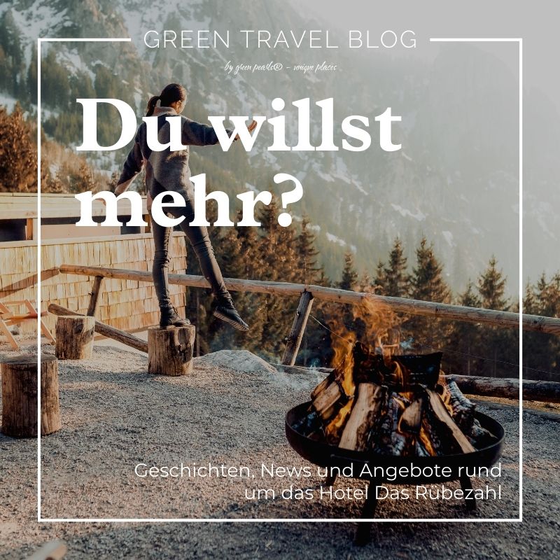 Eine Person balanciert auf einem rustikalen Holzgeländer und blickt auf eine malerische Berglandschaft. Im Vordergrund brennt eine Feuerstelle, umgeben von schneebedeckten Bäumen. Der Text lautet „Du willst mehr?“ und erwähnt „Green Travel Blog“.