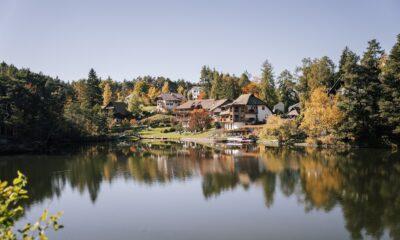 Das ruhige Hotel Weihrerhof am Seeufer in Südtirol mit seinen gemütlichen Gebäuden, umgeben von üppigen Herbstbäumen, die sich im ruhigen Wasser unter einem klaren blauen Himmel spiegeln, strahlt Ruhe und Frieden aus.