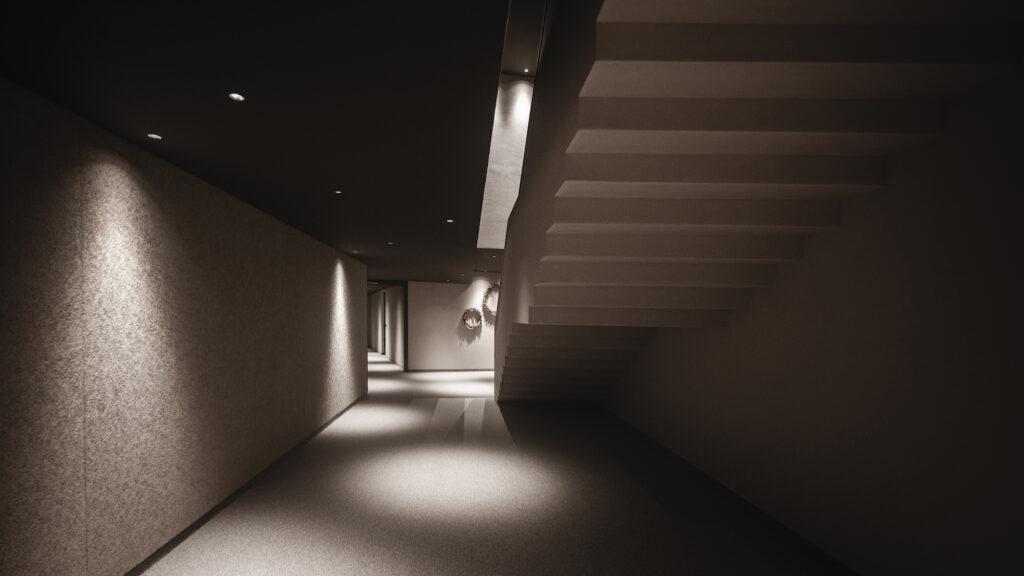 Sustainable aparthotel in South Tyrol: interior design and view of the staircase