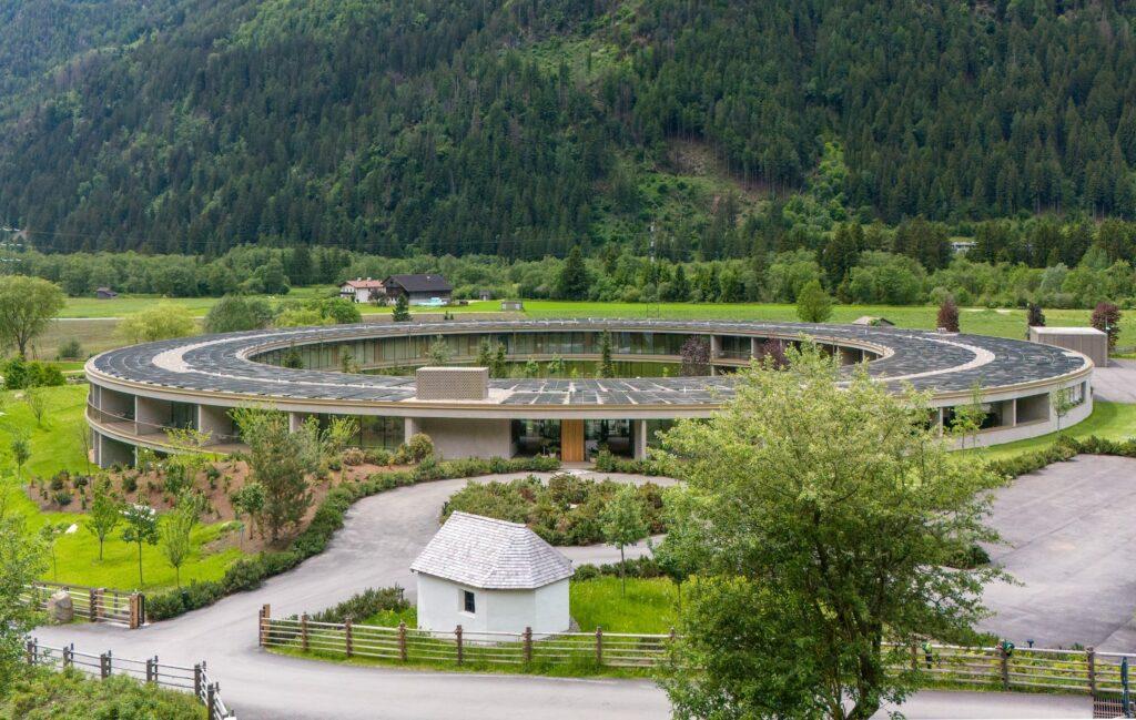 View of the circular architecture of the sustainable OLM Nature Escape aparthotel