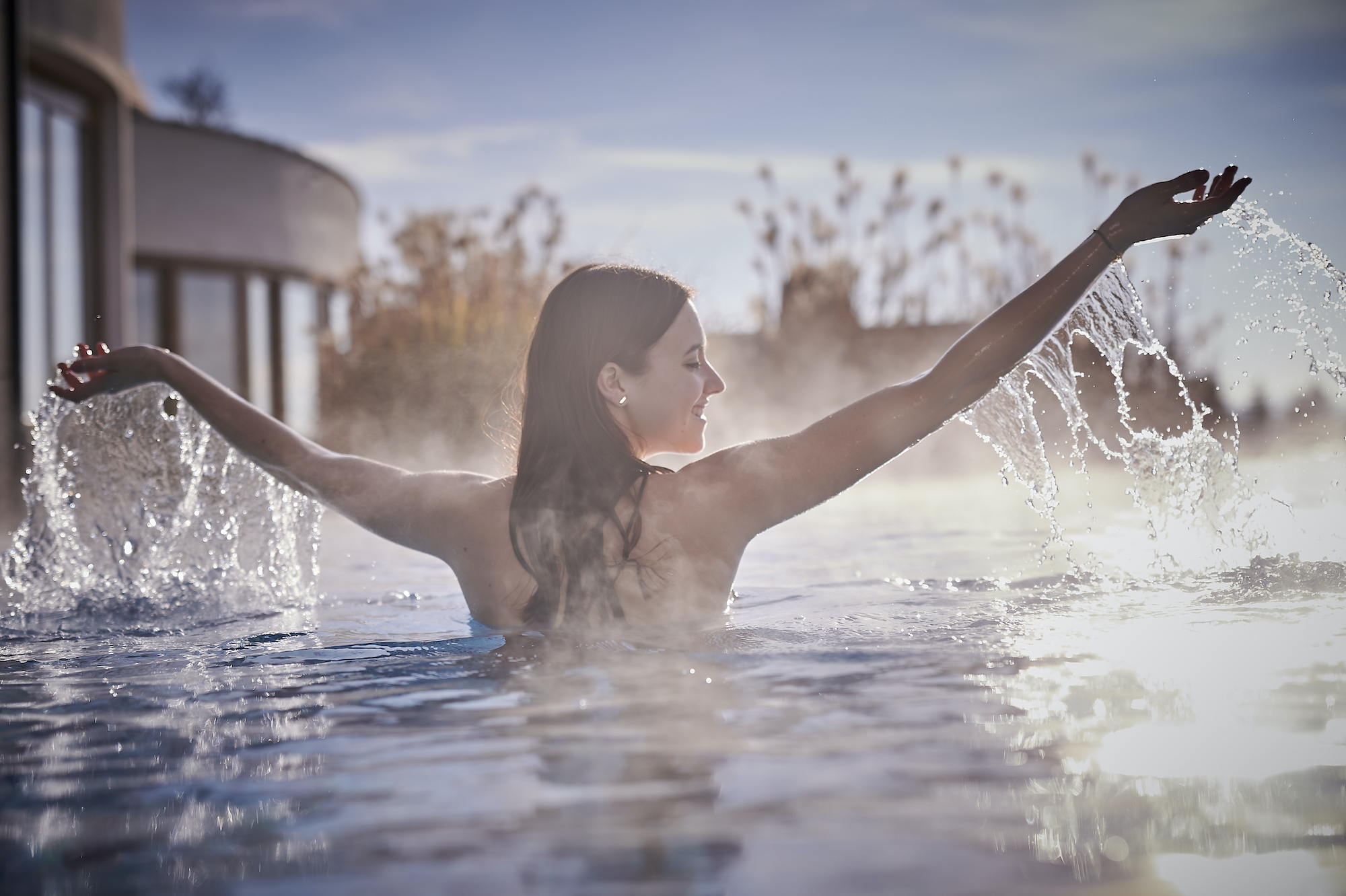 Heated outdoor pool at the sustainable Hotel Der Birkenhof
