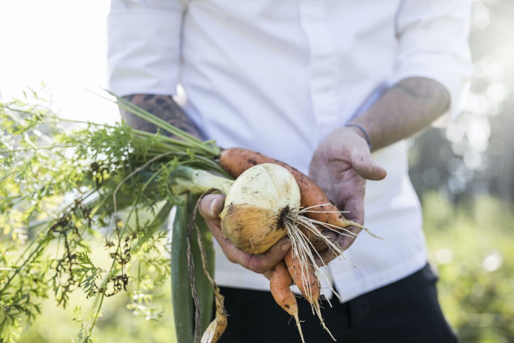 A person in a white shirt holds freshly harvested vegetables, including carrots and an onion, against a sunny, blurred garden background.