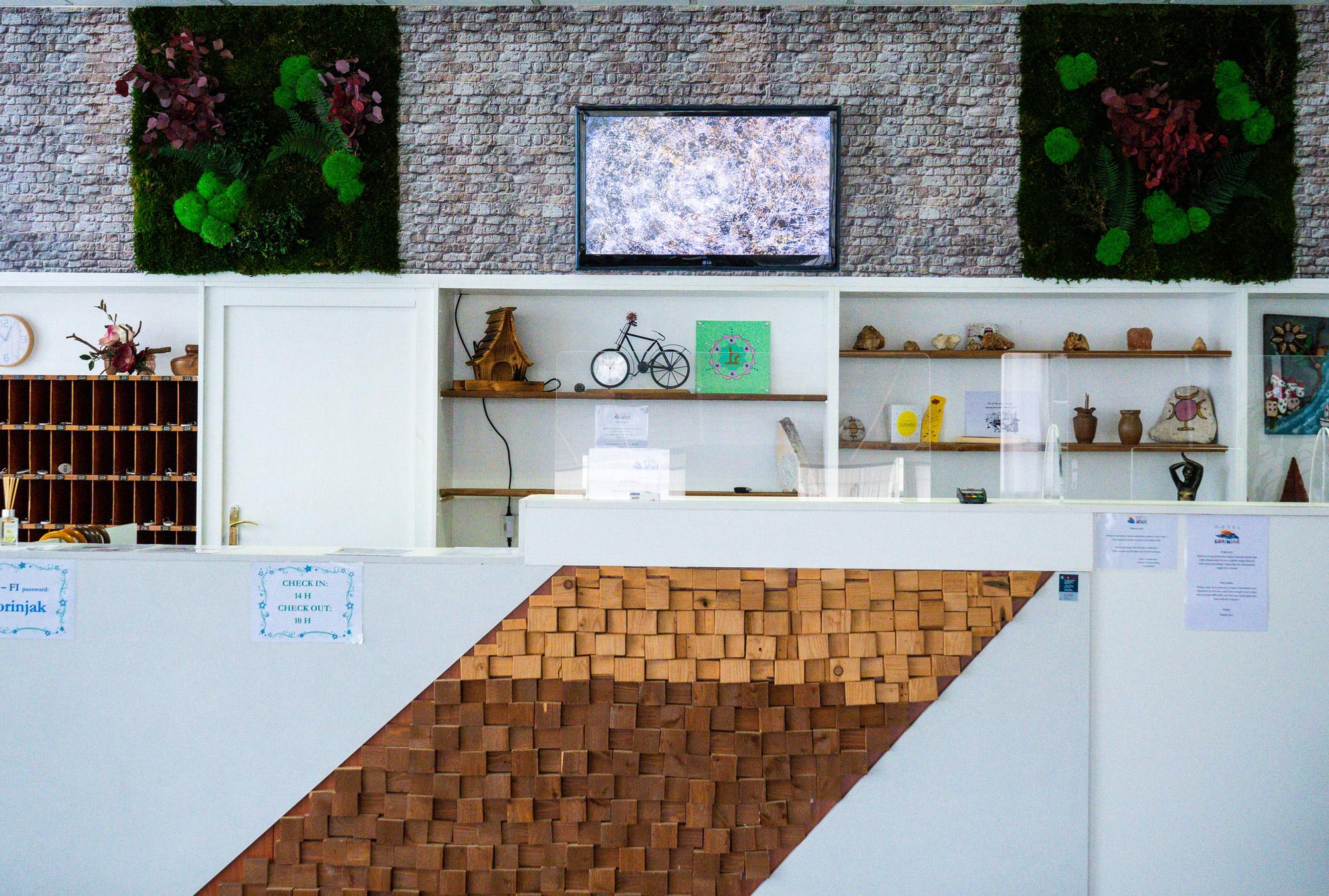Hotel lobby of the vegetarian Hotel Korinjak in Croatia with white check-in desk, textured wooden paneling and brick wall. Decorative shelves with pottery and art, lush plant wall, soothing atmosphere.