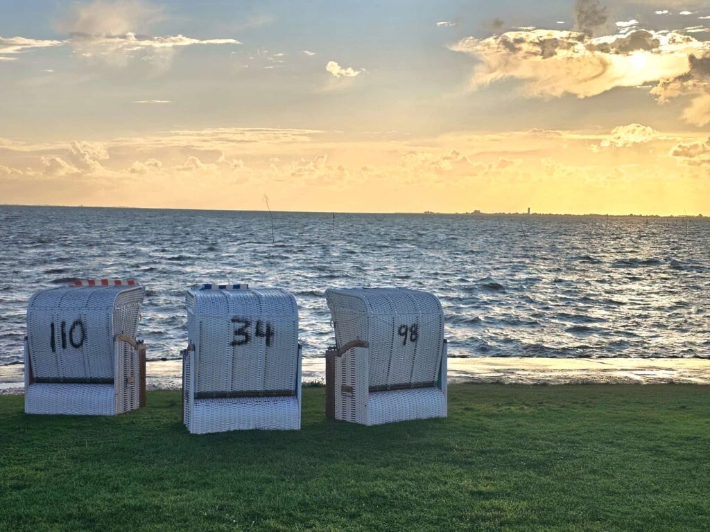 Three numbered beach chairs stand beneath a golden sunset overlooking the tranquil North Sea, creating a peaceful and serene atmosphere on the green grass.