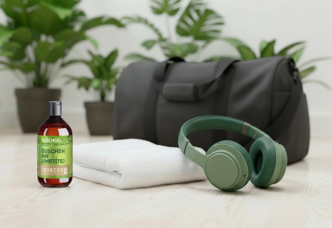 Eine nachhaltige Reiseausstattung mit grünen Kopfhörern, einem weißen Handtuch und Duschgel mit Limettenduft neben einer schwarzen Reisetasche. Pflanzen im Hintergrund sorgen für eine frische Atmosphäre.