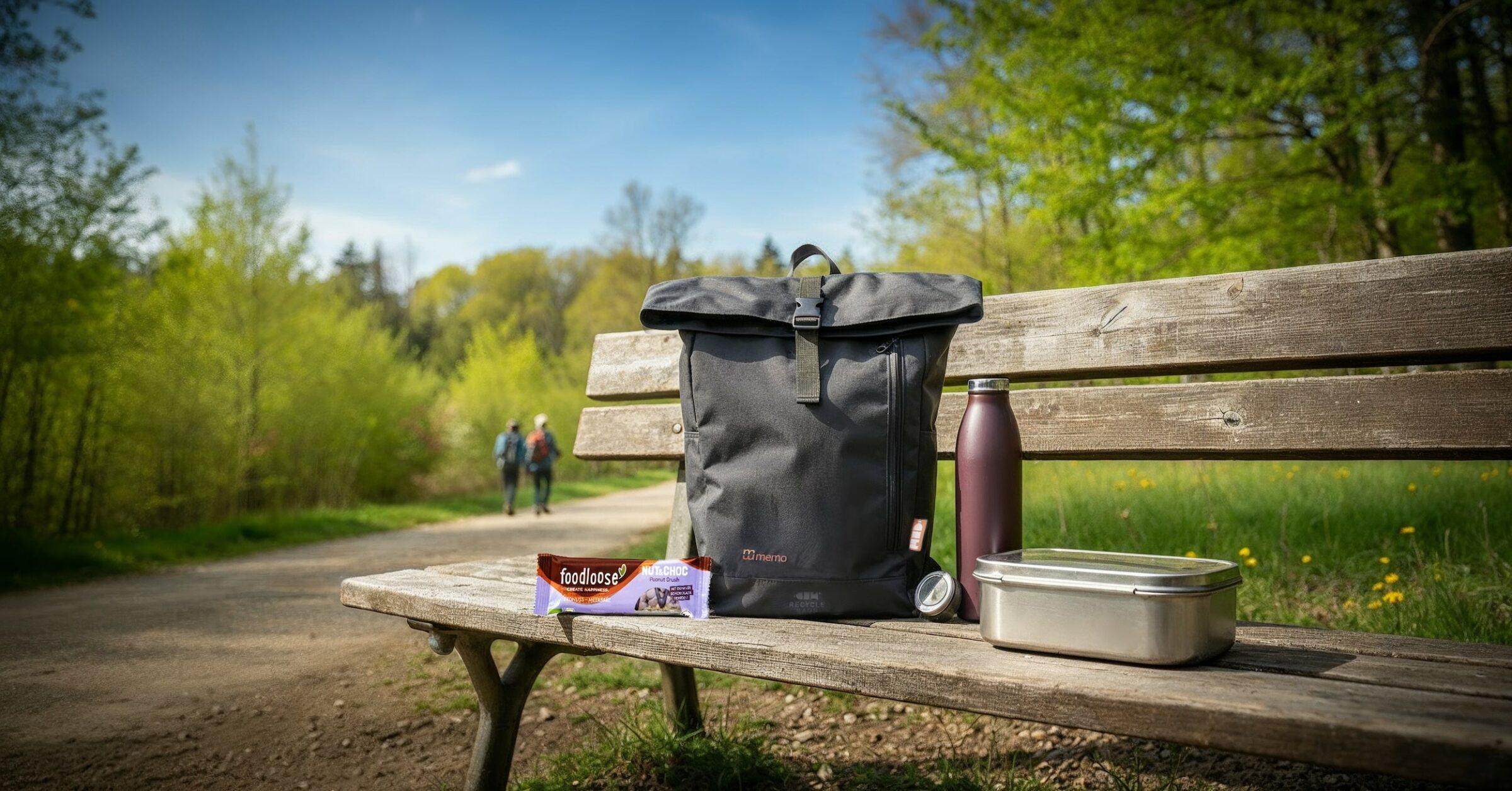 Eine sonnige Szene im Freien mit einem nachhaltigen Rucksack, einer wiederverwendbaren Flasche, einer Brotdose und einem Snackriegel auf einer Holzbank an einem Waldweg. Im Hintergrund spazieren zwei Wanderer vorbei.