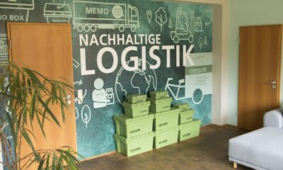 Grüne memoBOXen sind neben einer blaugrünen Wand mit Illustrationen und dem Schriftzug „Nachhaltige Logistik“ gestapelt. Holztüren und ein Sofa sind zu sehen und vermitteln den Eindruck eines umweltfreundlichen Arbeitsbereichs in der memo AG.
