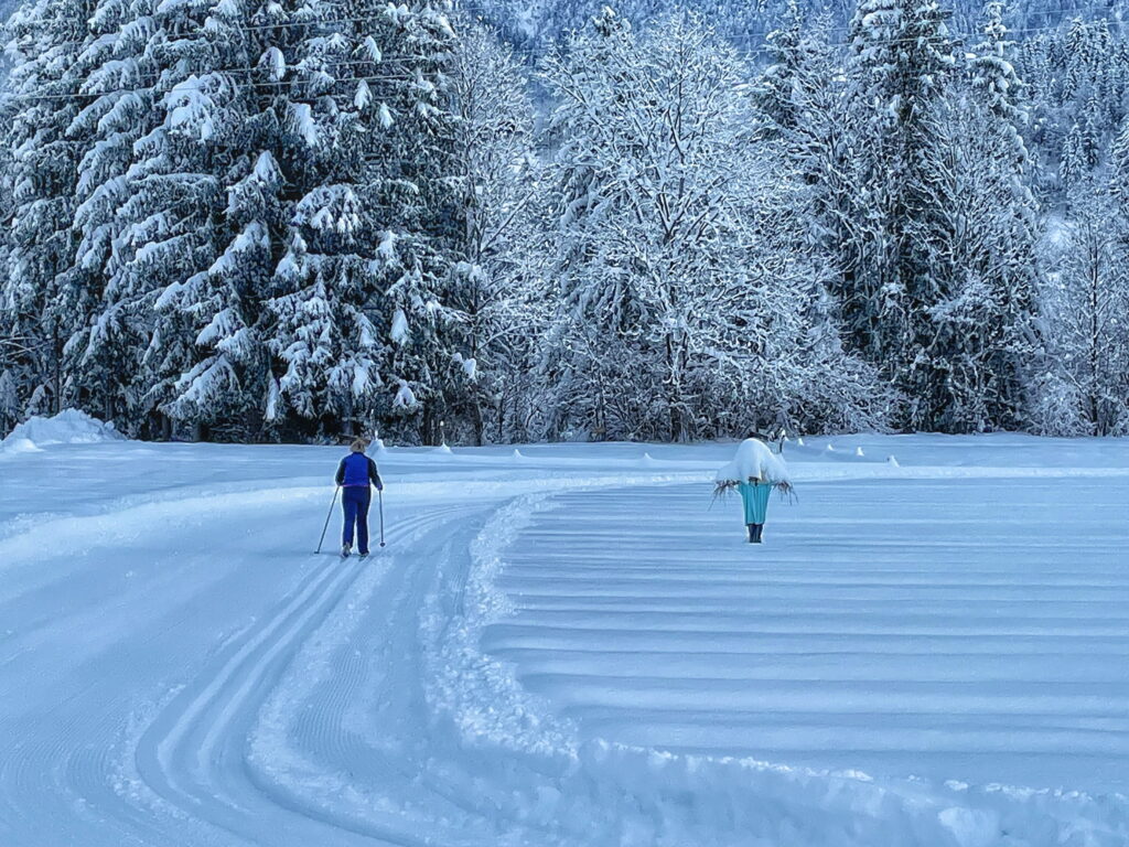A skier in blue clothing glides along a snow-covered path near the sustainable Hotel Schloss Lerchenhof, surrounded by snow-covered trees under a clear sky. The scene conveys a peaceful, wintry atmosphere.