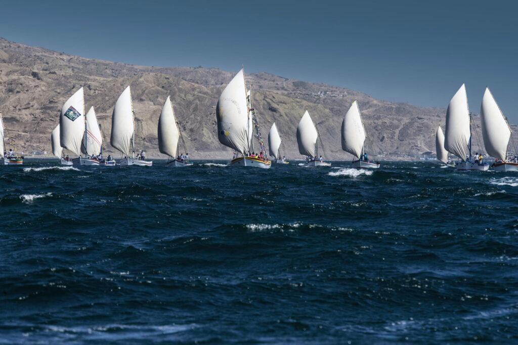 Eine Gruppe traditioneller Segelboote mit weißen Segeln auf unruhiger See vor einer felsigen Küste unter klarem Himmel